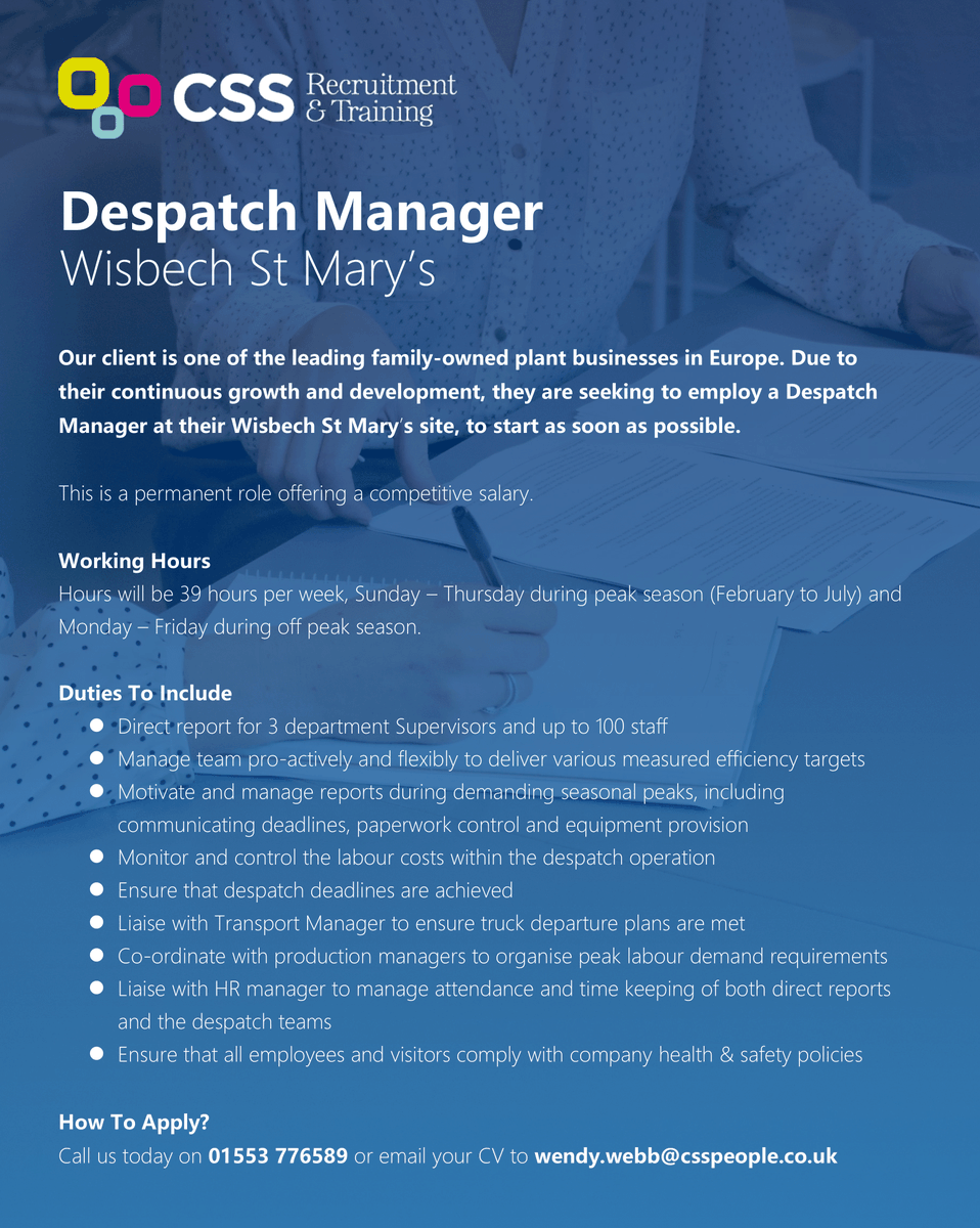 CssRecruitment1's tweet photo. Looking for a new role 👀

👉 Despatch Manager
💷 Competitive salary
📍 Located in Wisbech St Mary's

☎️ Please call us today on 01553 776589
📧 Or email wendy.webb@csspeople.co.uk

#Jobs #JobSearch #JobHunt #DespatchManager #DespatchJobs #OfficeJobs #WisbechJobs #JobOpportunity https://t.co/hH0WN0Mf59
