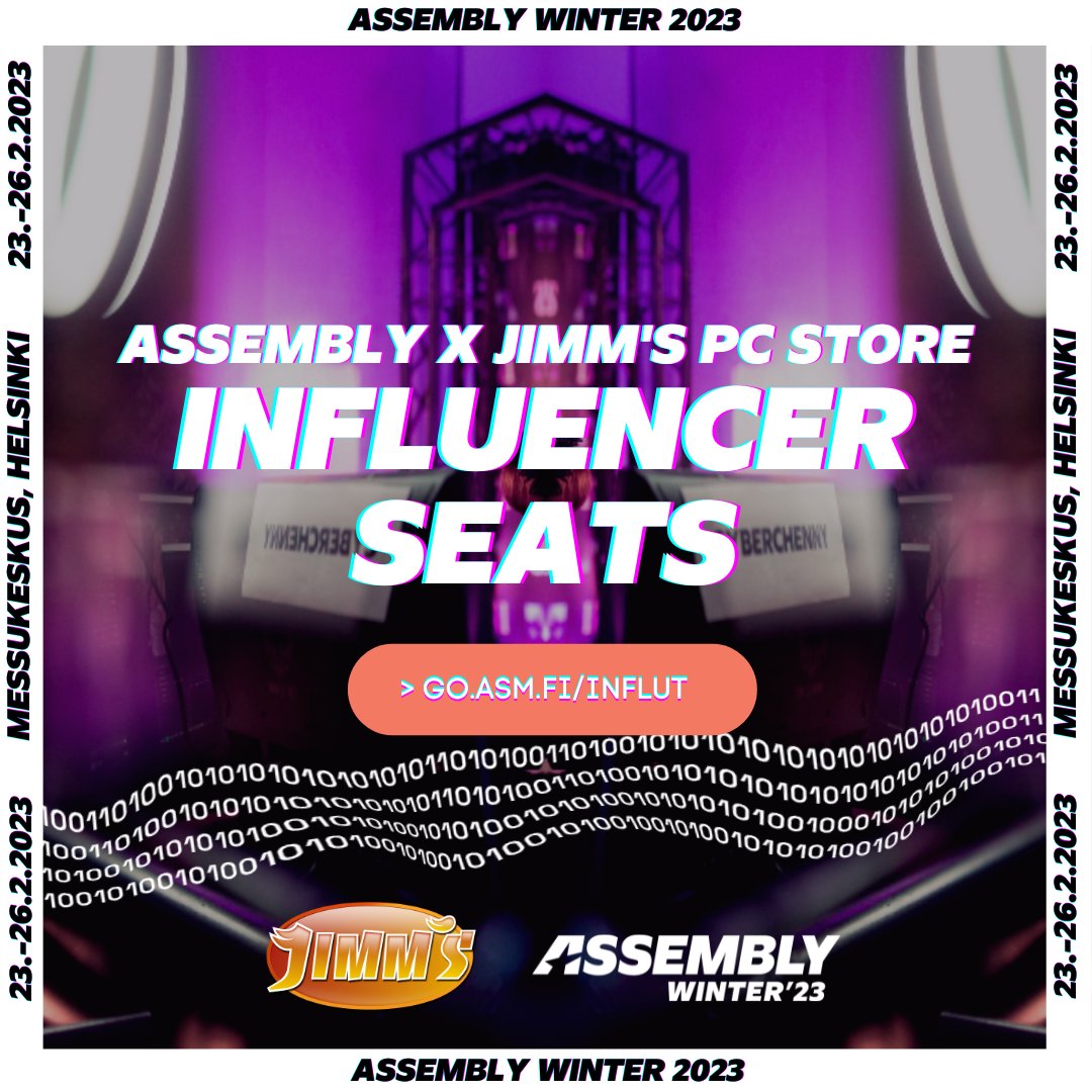 Hei kaikki influt ja sometyypit. Jaamme yhdessä <a href="/Jimms_fi/">Jimm's PC-Store Oy</a> kanssa 10x influencer seattia tuleville Winter-Assyille kaikilla herkuilla. Lue lisää ja hae paikkaa täältä: party.assembly.org/fi/winter23/pr…