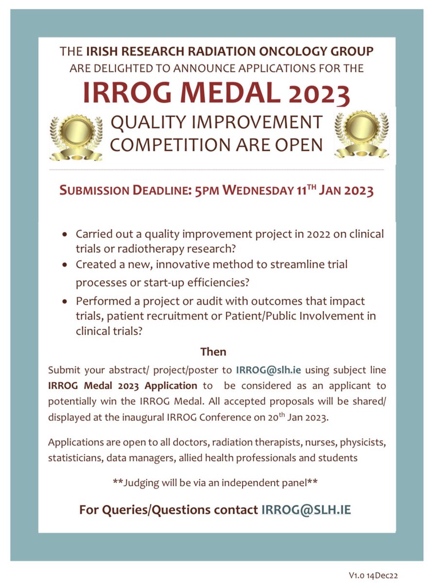 GavinLawl's tweet photo. 🚨Delighted to announce the Inaugural IRROG Medal Competition has opened details below! Applications to be submitted by 11th Jan 2023 to IRROG@slh.ie 
Winner will be announced at the IRROG conference in January! 👀🏅 https://t.co/dWo7MaXuhd