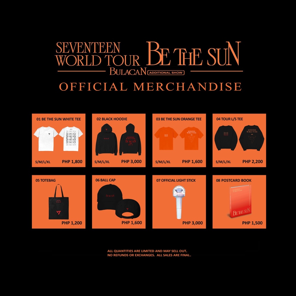 livenationph's tweet photo. SEVENTEEN WORLD TOUR [BE THE SUN] - BULACAN Merch with a list of available items and prices for a hassle-free buying experience!
ALL MERCHANDISE ARE LIMITED IN QUANTITY.

📆 2022.12.17. SAT

#세븐틴 #SEVENTEEN
#SVT_WORLDTOUR_BETHESUN
#BETHESUN https://t.co/yTRUBM6Azq