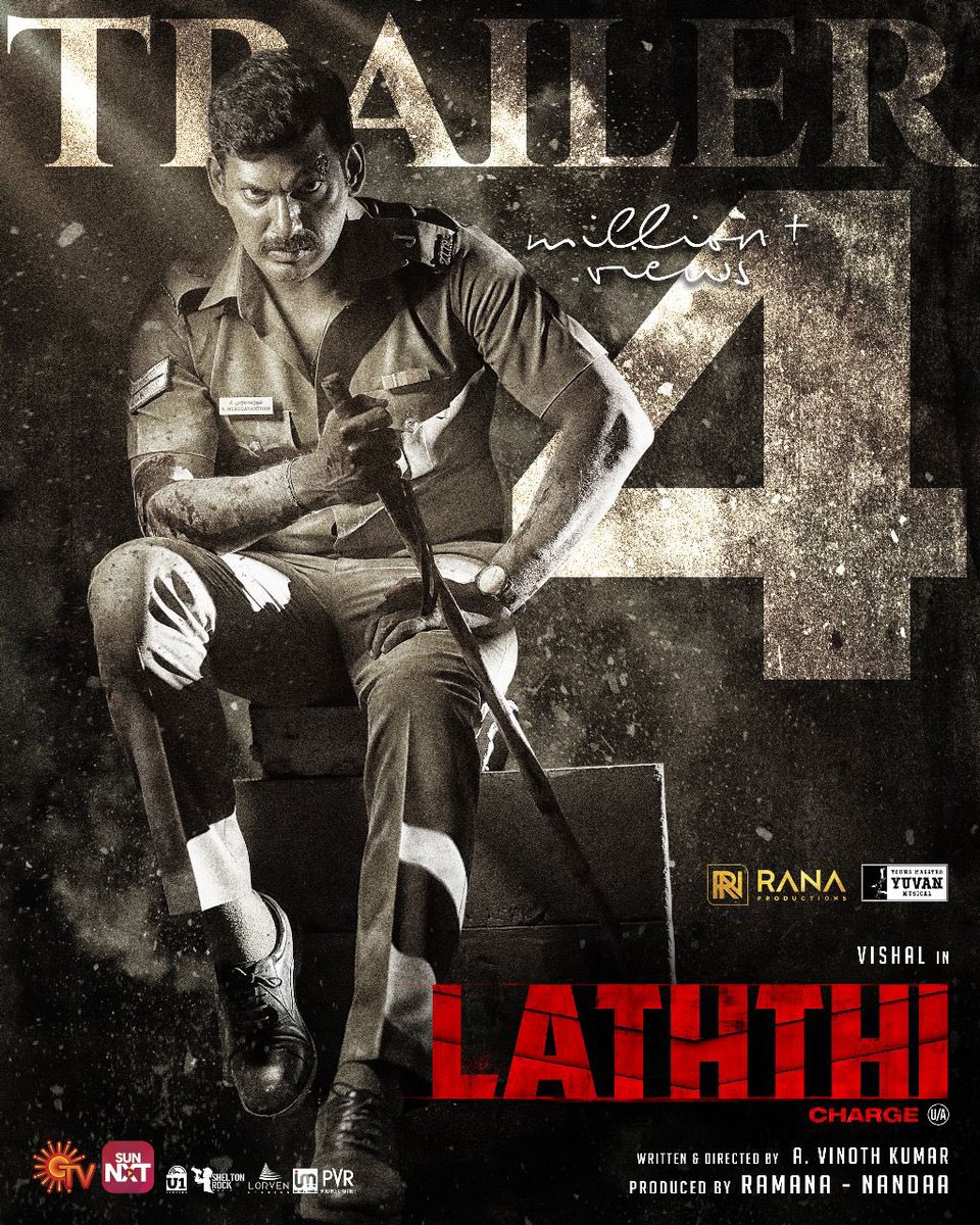 VishalKOfficial's tweet photo. 4 Million + Views for the Trailer !!

#LaththiTrailer - ▶️ https://t.co/iDPn5hOzMY
#LaattiTrailer - ▶️ https://t.co/rNHq3E5PbW

#Laththi #Laatti 
#LaththiFrom22ndDec https://t.co/NcLJFV3ECw
