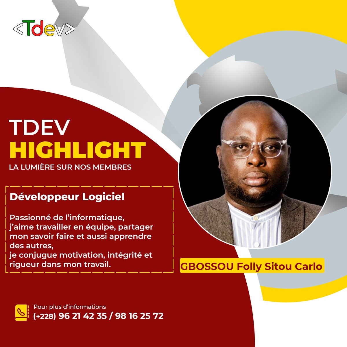 tdevorg's tweet photo. Découvrons Folly Carlo Sitou GBOSSOU, Développeur logiciel sous les projecteurs du #TDevHighLight.
Suivez nous sur
Telegram : https://t.co/SefuIpqyQM
Discord : https://t.co/P60i5BZvMl
Linkedin: https://t.co/CO4MMR2Zzw
#TDev228 #TgTech #tech #TgDev #çaParleDev #TgTwittos https://t.co/FzGhUUzYHW