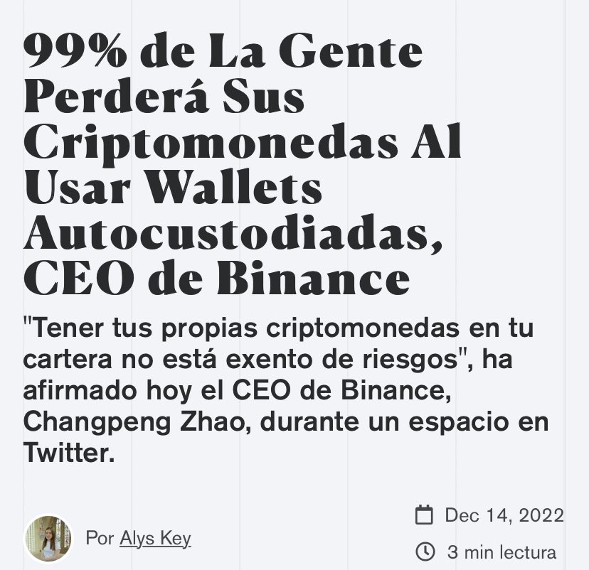 Esto si que enciende alarmas 🚨 

Que el CEO de <a href="/binance/">Binance</a> diga que el 99% de las personas perderán sus #criptomonedas al auto-custodiarlas en sus carteras, estimulando q las dejen en su exchange. Algo NO anda bien

Son palabras de un estafador, “cuando el rio suena, piedras lleva”
