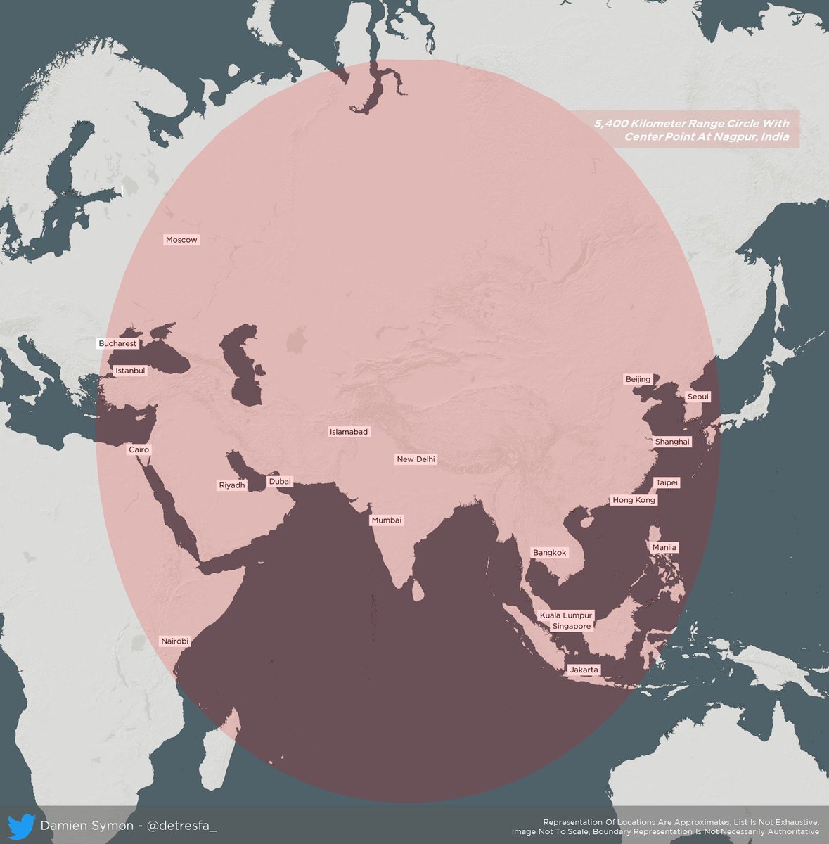 ShivAroor's tweet photo. BREAKING: Agni-V ballistic missile tested for the first time at full operational range of 5,500km. #Agni5 #AgniV (Missile photo: File/Map: @detresfa_) https://t.co/ML4qyEScbR