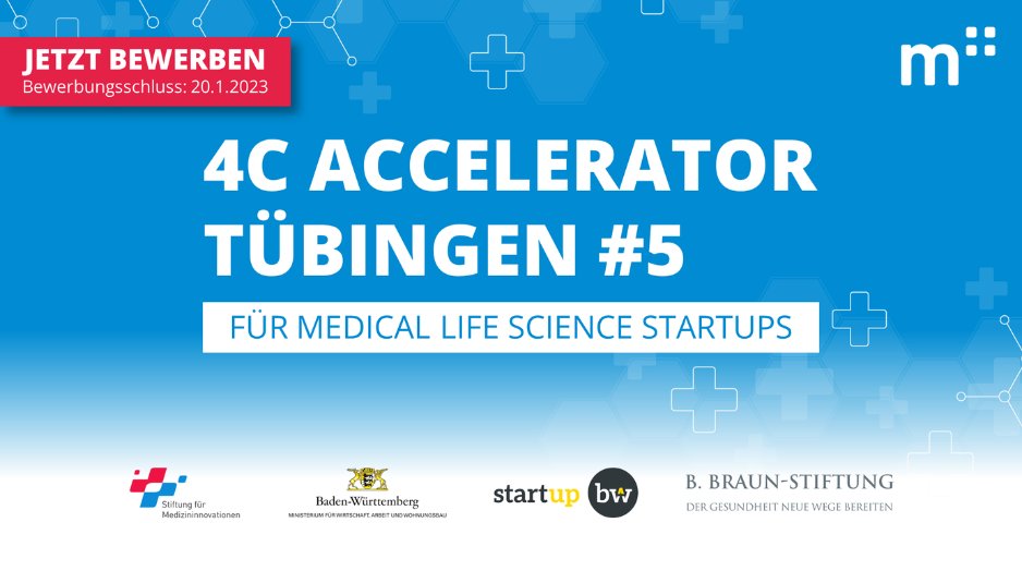 Forum MedTech Pharma (@medtech_pharma) on Twitter photo 📣Der #4CAccelerator geht in die 5. Runde!
Startups der medizinischen Life Science können sich bis zum 20.01.2023 für das kostenfreie Qualifizierungsprogramm der <a href="/mi_incubator/">Medical Innovations Incubator</a> bewerben.
👉 Weitere Infos sowie das Anmeldeformular finden Sie hier: bit.ly/4c_accelerator 📣Der #4CAccelerator geht in die 5. Runde!
Startups der medizinischen Life Science können sich bis zum 20.01.2023 für das kostenfreie Qualifizierungsprogramm der <a href="/mi_incubator/">Medical Innovations Incubator</a> bewerben.
👉 Weitere Infos sowie das Anmeldeformular finden Sie hier: bit.ly/4c_accelerator