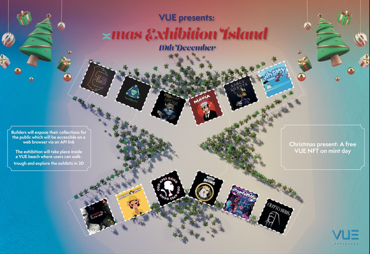 All 12 slots are booked for the #XmasExhibitionIsland 🥳 

Thank you to our exhibitors 
<a href="/OddApesGang/">Odd Apes Gang</a> <a href="/SpaceRobotsNFT/">Space Robots ⚡</a> @Elrond_Mafia <a href="/DragonsArena_io/">Dragons Arena</a> <a href="/SuperRare_Bears/">SRB LABS 🧪🐻</a> <a href="/ApehoodCrew/">Apehood Crew</a> <a href="/CryptoNunsNFT/">CryptoNunsNFT</a> <a href="/wwwatch_/">👁️ WWWatch 👁️</a> <a href="/CryptoPittz/">CryptoPittz</a> <a href="/ElrondBirds/">Lucky Birds</a> <a href="/eSynths/">Synth Legion ⚡️ | MultiversX</a> <a href="/WhaleyNFTs/">Whaley ® - 🐳</a>

#MultiversX #VUE