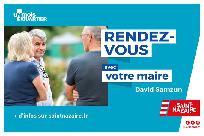 🗓️David Samzun sera présent cet après-midi de 16h30 à 18h, sur le parking du centre de santé «À vos soins» - allée E. Lion à #saintnazaire pour échanger sur les projets municipaux et vos questions du quotidien. 👉Plus d'infos sur Un mois 1 quartier : bit.ly/2ZmO1So