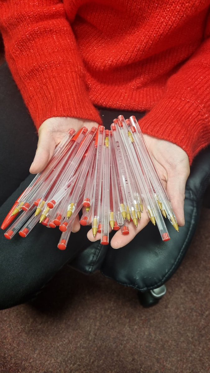 Jayne_Events's tweet photo. @sarajcox My work colleague Michelle has a strange obsession, she can't part with her used pens, red is her favourite! She's just told me she wants to be on the TV for it! https://t.co/Y16ATiW1kx
