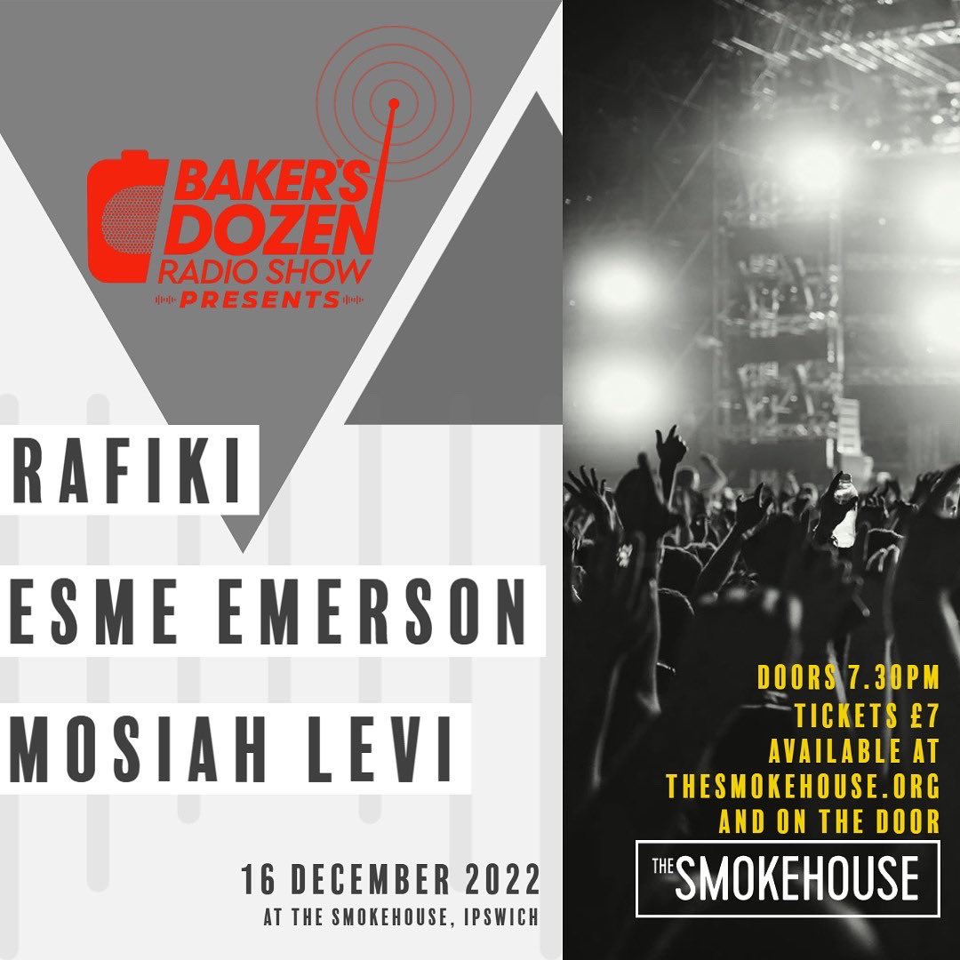 ⚡️ Tomorrow night - LAST GIG OF THE YEAR! 🌟 We are really excited about @bakersdozenradioshow presenting a gig at The Smokehouse, with brilliant local artists <a href="/Rafikidub/">Rafiki</a> <a href="/esmeemersonband/">Esme Emerson</a> and <a href="/mosiahlevi/">Mosiah</a> 

🎟️ Tickets: thesmokehouse.org/whatson
