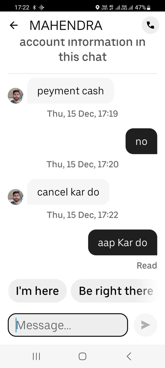 dramitvij's tweet photo. @Uber @Uber_India 
Please see the chat with driver .
Wasted my time n refused to come 
Don't worry BLUE SMART cabs is going to show Uber/ Ola their true colours v soon.
I book daily blue smart and rarely Uber, that also will END very soon 
Wait n watch UBER https://t.co/Ktr4F0Xdf6