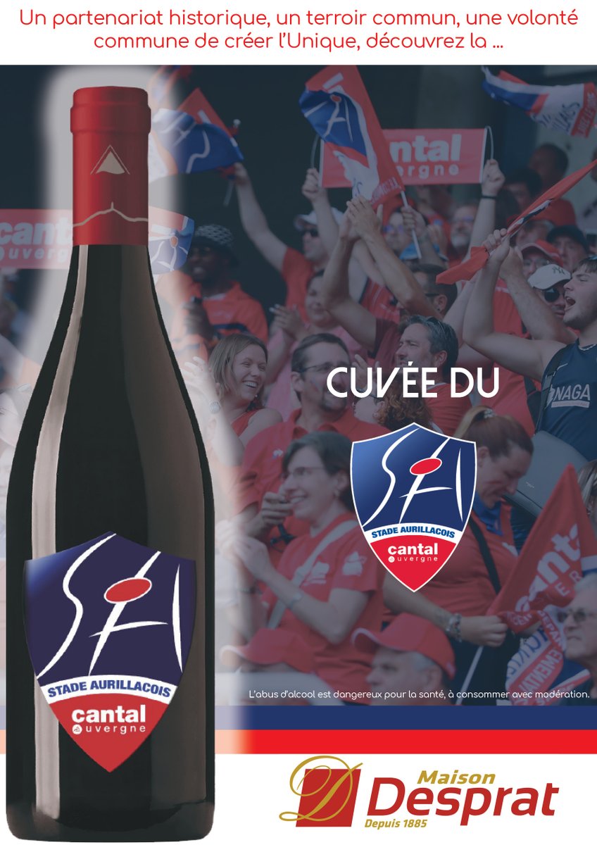 #SAfamily 🔴Heureux de vous présenter la cuvée du Stade avec Desprat Vins. C'est un pinot issu des côteaux Auvergnats.Disponible partout sur Aurillac dès demain. 🎊Desprat et le @SArugbyofficiel vous souhaitent de bonnes fêtes! #partenariat #StadeAurillacois 🔴🔵🏈🏈💪💪