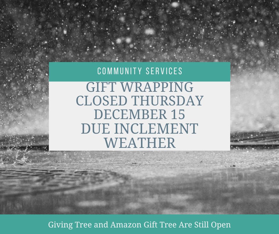 1CSVC's tweet photo. Due to inclement weather, we will not be able to do gift wrapping at The Cranberry Mall Today, Thursday December 15.
The Giving Tree and Amazon Gift Tree, https://t.co/7eqY2MMUfg Are Still Available
#spiritofgiving https://t.co/yLKheezc68