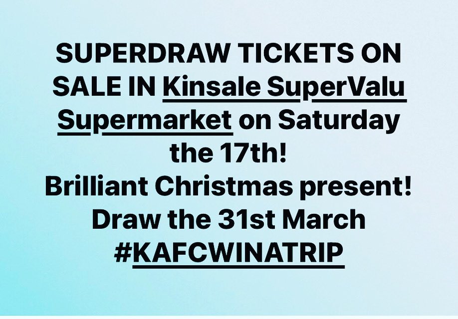 KinsaleAfc's tweet photo. KINSALE AFC SUPERDRAW 2023
Are you struggling with ideas for Xmas presents?
We could have what you’re looking for!
€20 ticket
https://t.co/AZtuq6qI0H
3 for €50 https://t.co/tC7aIvHDUC
@KinsaleOnline @KinsaleObserver @KinsaleNews
#KAFCWINATRIP https://t.co/QPANEHwNL7