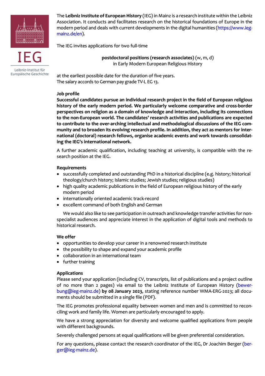 Cannot recommend highly enough: Two full-time postdoctoral positions in Early Modern European Religious History at @IEG_Mainz! ieg-mainz.de/likecms.php?fu…