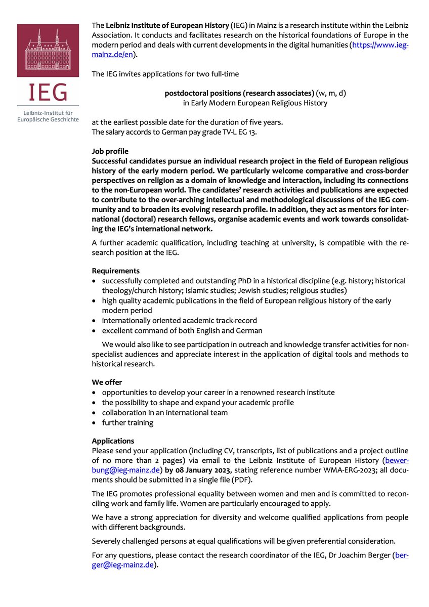 Cannot recommend highly enough: 

Two full-time postdoctoral positions in Early Modern European Religious History at <a href="/IEG_Mainz/">IEG Mainz</a>!

ieg-mainz.de/likecms.php?fu…