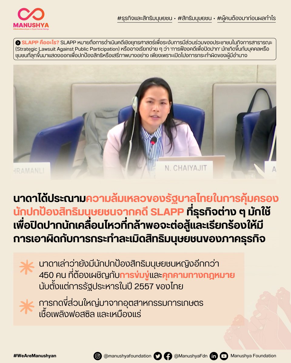 ManushyaFdn's tweet photo. #SaveNada📣@Nada_Kul เรียกร้องให้มีการบังคับใช้กฎหมายต่อต้านการฟ้องคดีปิดปากที่เข้มงวดและมีประสิทธิภาพ เพื่อคุ้มครองนักปกป้องสิทธิมนุษยชนจากการฟ้องถูกฟ้องคดี #SLAPP ที่ภาคธุรกิจมักใช้เป็นอาวุธในการปิดปาก❗️#UNForumBHR 2022 🇹🇭 #หยุดSLAPP https://t.co/wVm5lubYCm