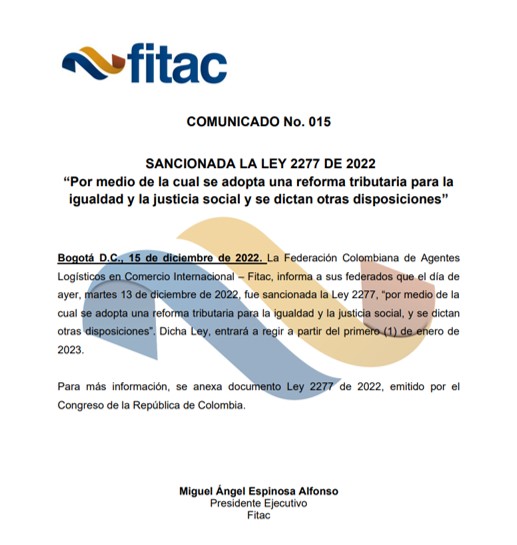 FITACNAL's tweet photo. #ComunicadoFitac
Sancionada la Ley 2277 de 2022, “por medio de la cual se adopta una reforma tributaria para la igualdad y la justicia social", que regirá a partir del 01 de enero de 2023. 
Compartimos documento para conocimiento de nuestros federados. 👉 https://t.co/z3TPEznr7K https://t.co/bWwWEjrUnh