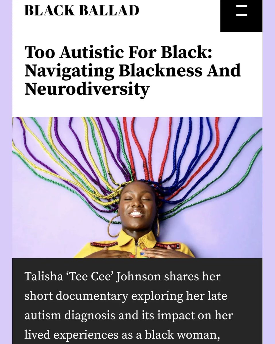 Recently I spoke to journalist @jasmine_akua from @BlackBalladUK about my short documentary #tooautisticforblack and my experiences.

Article dropped today, subscribe to Black Ballad to read in full >blackballad.co.uk/views-voices/t… 📖