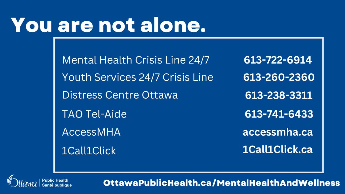 Mental health is health.
Talking about mental health is important and reaching out for help is brave.
Let's continue to check in with ourselves and with others.
You are not alone, and it’s ok not to be ok.

OttawaPublicHealth.ca/MentalHealthAn…