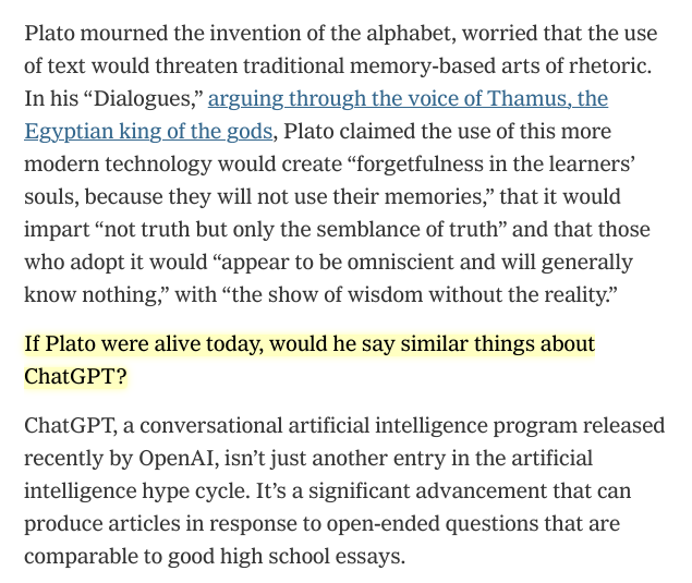 ChatGPT—and AI tools—are here.

For education, rather than a futile, harmful battle through punitive surveillance and plagiarism detection, we should pour resources into a transformed education system.

We faced this problem since the alphabet.

Ask Plato.
nytimes.com/2022/12/15/opi…