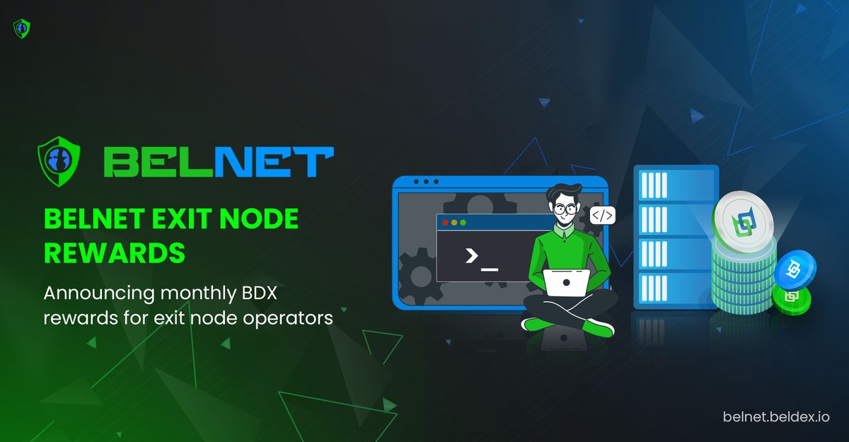 BeldexCoin's tweet photo. Announcing BelNet Exit Node Rewards!
BelNet exit node operators will be rewarded every month.
Rewards are based on exit node bandwidth as follows:
1 Gbps and above - 2000 BDX/month
500 Mbps to 1 Gbps - 1500 BDX/month
500 Mbps and below - 1000 BDX/month
Thank you for your support! https://t.co/k506OL92xI