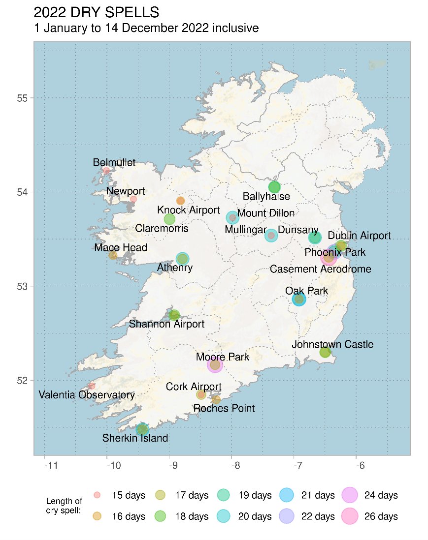 METclimate's tweet photo. Two climatological #winter #dryspells ongoing at Shannon Airport, Co Clare and Ballyhaise, Co Cavan of 16 and 18 days respectively. Map below shows 39 dry spells at 21 stations so far in 2022. #drought #water https://t.co/W9mqcSEJ2e