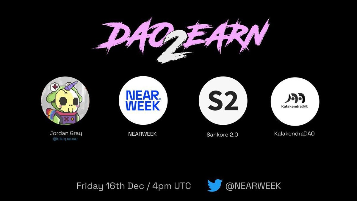 Our favorite host &amp; #DAO-er <a href="/starpause/">Jordan ✨🐾 乔丹 ⁹ᵈ</a> is back with another banger DAO-focused topic: #DAO2Earn 🗳️💰

🗓️ Fri, 16th Dec - 4pm UTC
📍 x.com/i/spaces/1eaKb…
👥 And our fire guests lineup: 
@quadronlayer from <a href="/NEARWEEK/">NEARWEEK</a> 
<a href="/imani_kevin/">Kevin Imani</a> from <a href="/sankore2_0/">Sankore2.0</a> 
#Monish from <a href="/KalaKendraDAO/">KalakendraDAO</a>