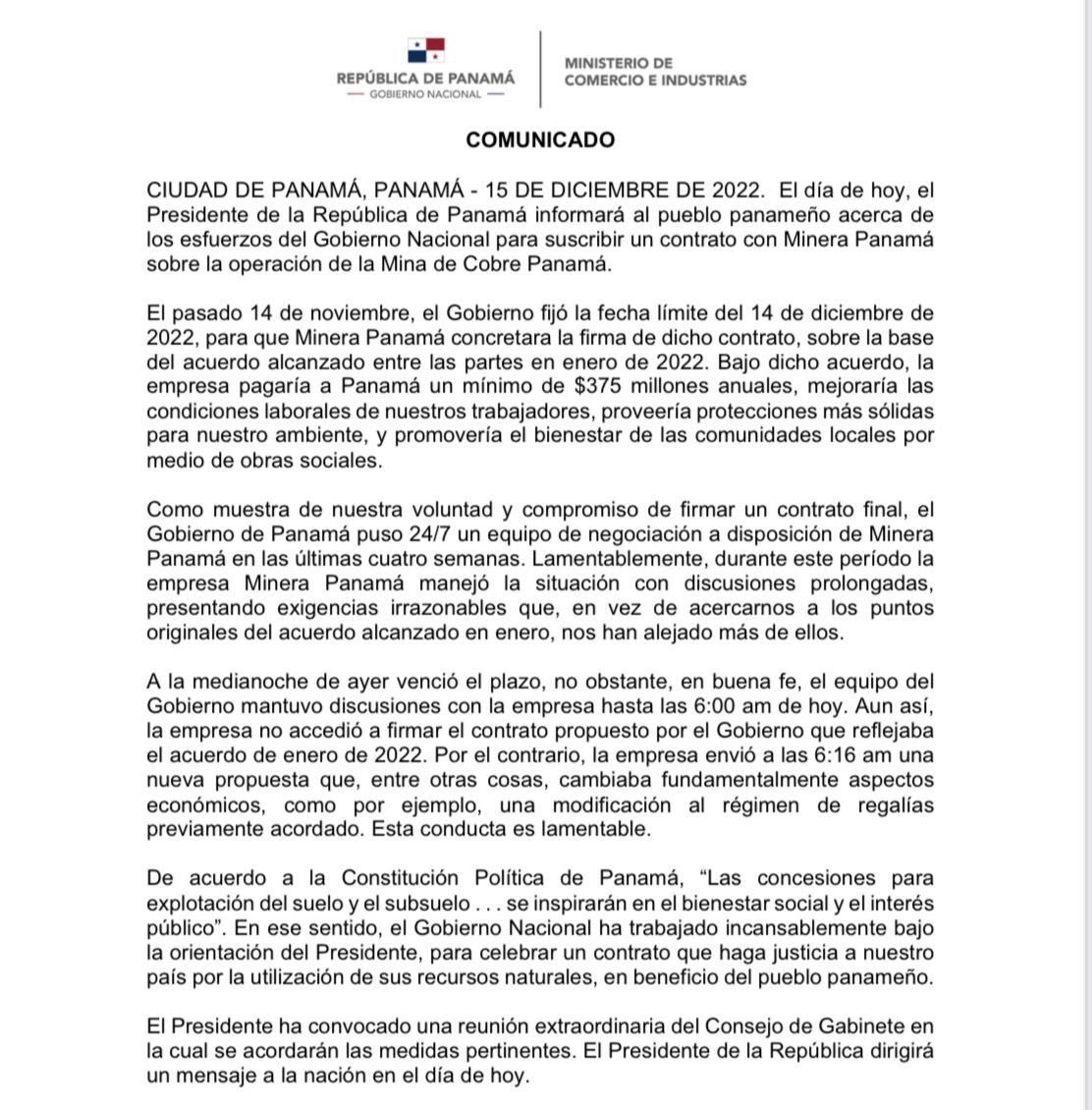 Comunicado del Gobierno Nacional.