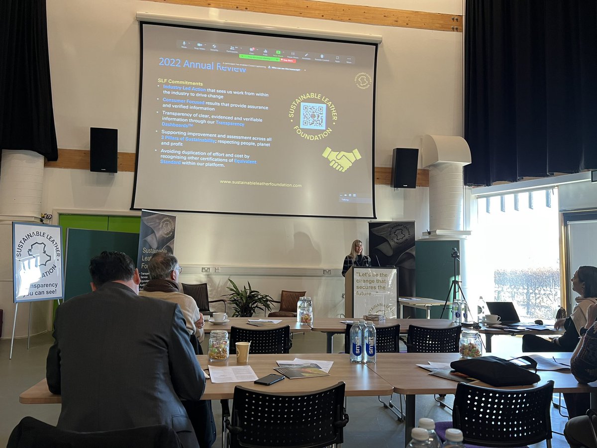 Deborah Taylor of the Sustainable Leather Foundation outlining the organisations achievements at its end of year Partner Meeting at the iCon Innovation Centre in Daventry, UK.