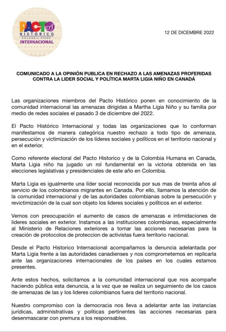 Comunicado a la opinión pública en rechazo a las amenizas proferidas contra nuestra compañera <a href="/LigiaBnino/">Ligia Niño</a> <a href="/RedInterNodosCH/">Red Internacional de nodos Colombia Humana</a> <a href="/canadaxcolombia/">Comité de Solidaridad Canadá X Colombia</a> <a href="/ColombiaHumana_/">Colombia Humana</a>