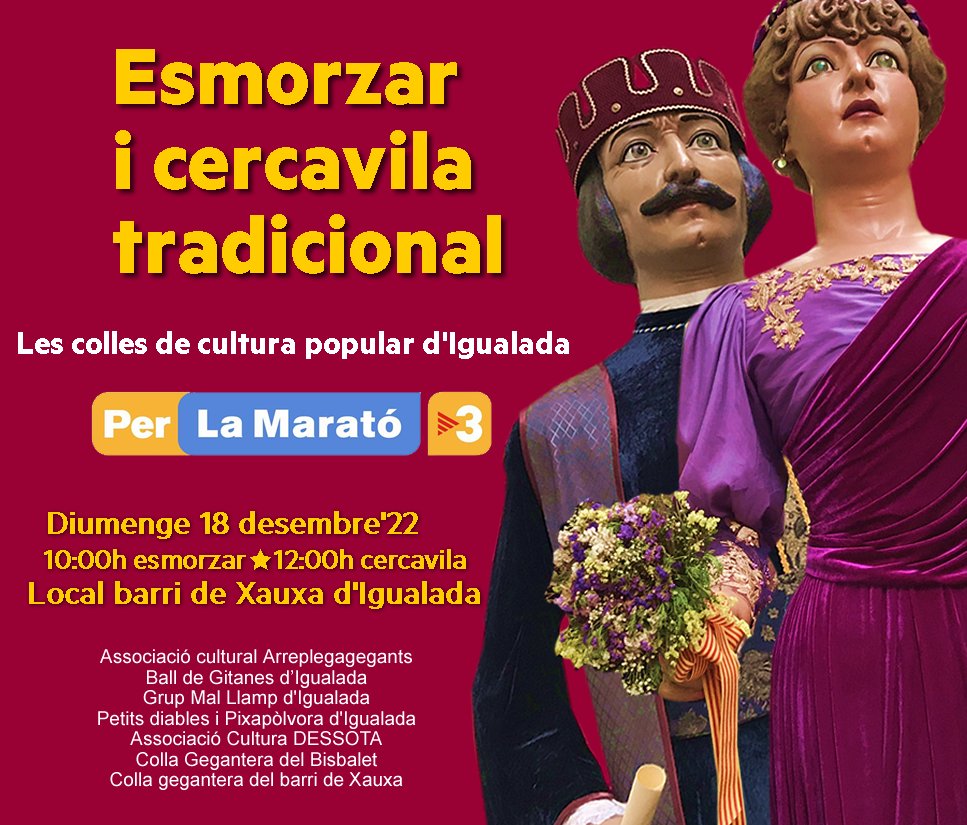 GegantsXauxa's tweet photo. Cercavila de Cultura Popular per @la_marato 2022
Aquest diumenge 18 a partir de les 9 plantarem la imatgeria a la plaça Catarineu del #barrideXauxa. A les 10 esmorzarem,  i a les 12 arrenquem amb la #cercavilamés solidària d'#Igualada! https://t.co/ItZ4h0yKQ3