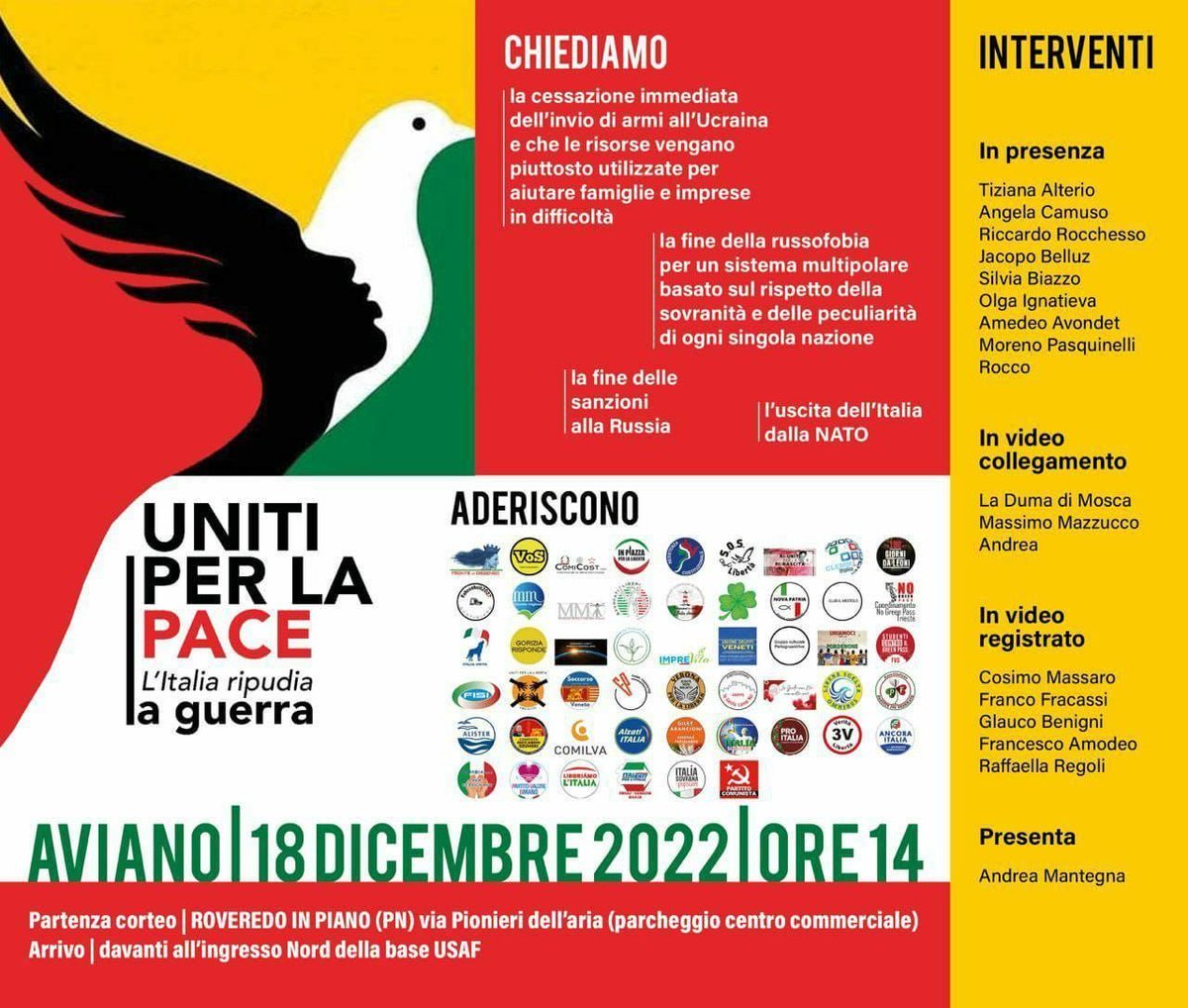 studentinogpUD's tweet photo. Saremo presenti anche noi!
Domenica 18 Dicembre alle 14:00
Previsti interventi e corteo con arrivo davanti all’ingresso nord della base USAF.
Tutti insieme uniti per la pace, contro il finanziamento della guerra, l’invio delle armi, contro le logiche divisorie e no alla NATO! https://t.co/5DBybUlpyk