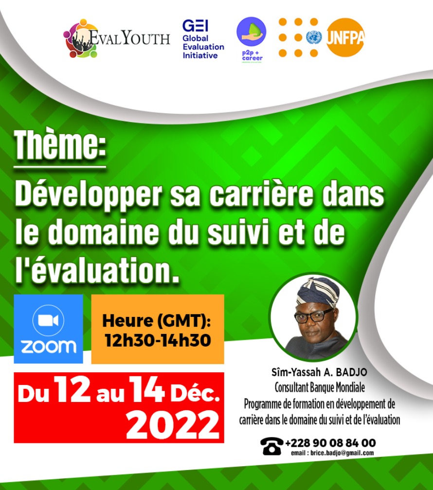 SimYassah's tweet photo. Développement de carrière en évaluation, formation organisée le 10 Décembre 2022 à @LomeMjl  en collaboration avec CNJ-Togo  &amp; du 12-14 Décembre en ligne avec l'appui de @GEI_GlobalEval @unfpa_eval  @Eval_Youth. https://t.co/K1fLvL71iX