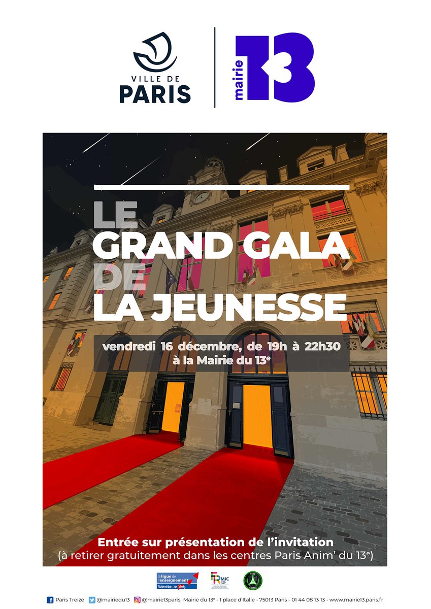 mairiedu13's tweet photo. 🚨 Le Grand Gala de la Jeunesse de #Paris13 c'est demain à 19h à la Mairie du 13e !!
➡️ Dernière chance de retirer vos invitations dans les centres #ParisAnim'
Le programme 👉 https://t.co/cq1MnbvDuD https://t.co/dTpyT4bCLu