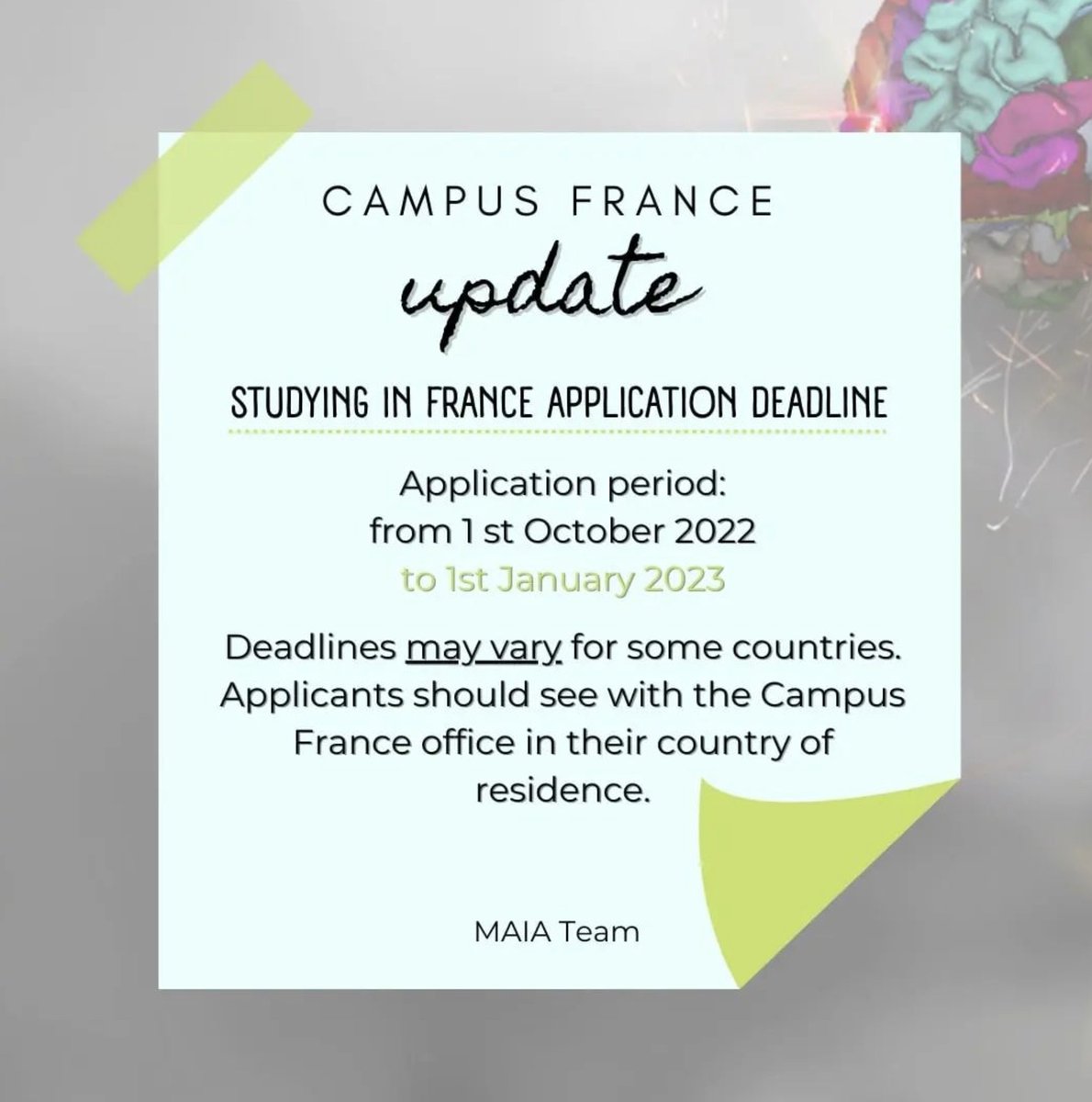 The "Etudes en France" deadline has been updated!
See our website maiamaster.udg.edu/admission/ if your country is affected by Campus France procedure.

#applynow #campusfrance #erasmusmundus
