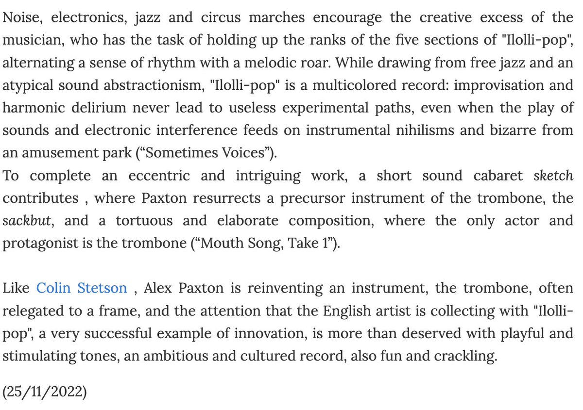 alexpaxtonyeah's tweet photo. Thanks so much #ondarock Gianfranco Marmoro for this lovely review of my ilolli-pop @nonclassical @unsunghunger references to Stalling stetson stravinsky mingus vilvaldi softmachine haha https://t.co/mBBGEiihgM https://t.co/fBo4MYwwdh