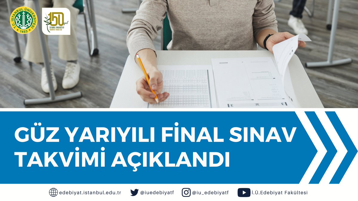 Fakültemizde 2022-2023 Eğitim-Öğretim yılı ''Güz Yarıyılı Final (Bitirme) Sınavları'' 26 Aralık 2022 - 06 Ocak 2023 tarihleri arasında yapılacaktır. 

Tüm öğrencilerimize sınavlarında başarılar dileriz. 

Sınav Programı İçin: 👉 bit.ly/3Pwn4oh