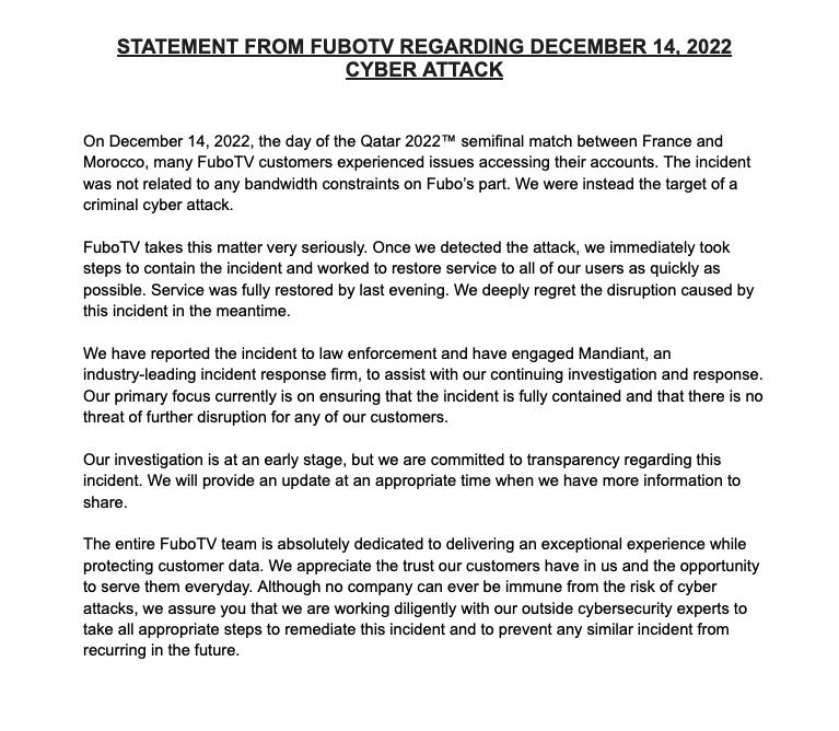 fuboTV's tweet photo. Statement from FuboTV regarding December 14th, 2022 cyber attack https://t.co/ymWZ6ToTls