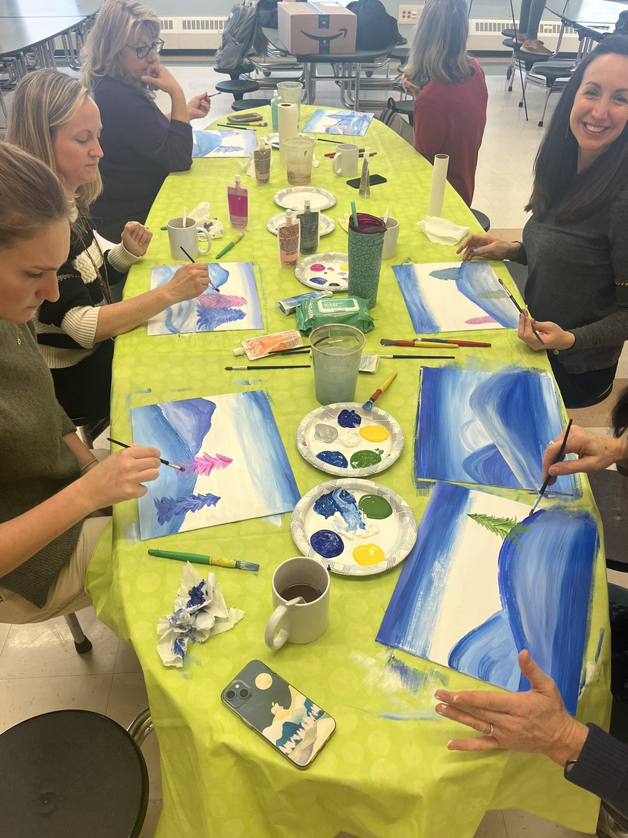 Shatekon's tweet photo. Shatekon staff members enjoyed a Paint and Sip (hot cocoa). Mrs. Allain taught us how to paint a winter scene. So much fun! https://t.co/PF066yGlBv