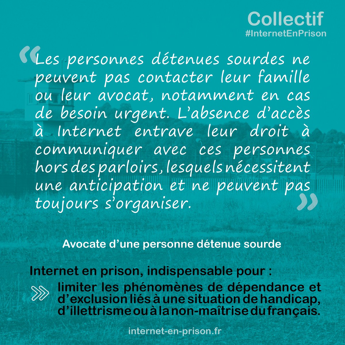 #InternetEnPrison pour limiter l'#exclusion et la dépendance des personnes en situation de #handicap, d'illettrisme ou de non-maîtrise du français. Accéder à Internet leur garantirait leurs droits à la défense et au maintien des liens avec leurs proches. internet-en-prison.fr/#cequenousdefe…