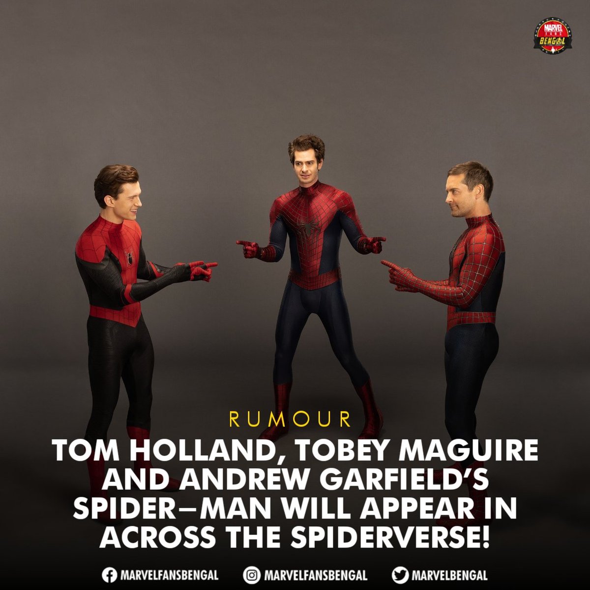 MarvelBengal's tweet photo. According to scooper Spider Culture and Cosmic Circus - Tom Holland, Andrew Garfield and Tobey Maguire's Spider-Man are rumoured to show up in #SpiderManAcrossTheSpiderVerse .

That would be fun 🕸️ https://t.co/taiOL0oRRt