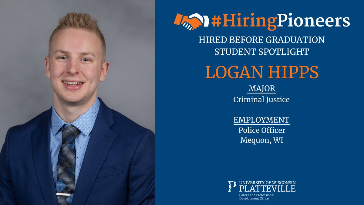 UWPCPDO's tweet photo. Hired Before Graduation Student Spotlight
Logan Hipps
Hometown: Menomonee Falls, WI
Major: Criminal Justice
Emphasis: Law Enforcement
Employment: Mequon Police Department โ Police Officer
Congratulations Logan!
#HiringPioneers #HiredBeforeGraduation https://t.co/3I40ztdx3b