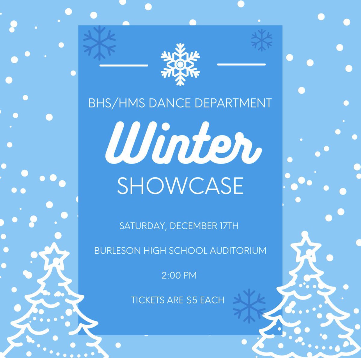 Join us for our first ever Winter Showcase! <a href="/BHSElks/">Burleson High School</a> 

Performances by: BHS/HMS Dance Departments, Hughes Highsteppers, BHS Step Team, and the BHS Strutters! ❄️ 🎄

Ticket link: burlesonisd.net/Page/3437