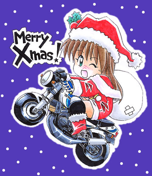 「バイクに乗ったミニスカサンタ娘さんよたまぁにはオレんところにも寄ってくれよ(・×」|Norioのイラスト