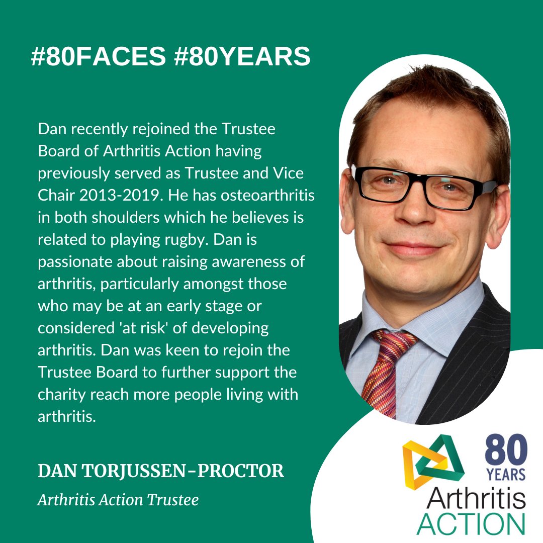 Arthritis_ACTN's tweet photo. Our #80Faces campaign recognises 80 key people who have helped #ArthritisAction over the past #80Years. 

Today we say #thankyou to Arthritis Action Trustee Dan, who is passionate about raising awareness of arthritis. Thank you for all your support, Dan! https://t.co/94ronzqvFm