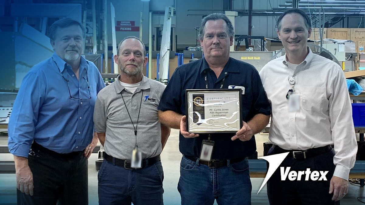 VTX_Co's tweet photo. Curtis Jones recently received his FAA repairmen’s certification. A team member for 3 yrs, Curtis is based at our @FAANews Certified Repair Station in Madison, MS. He demonstrates the highest level of commitment to quality standards that make Vertex world-class. Congratulations,! https://t.co/VXNeXnvb8p