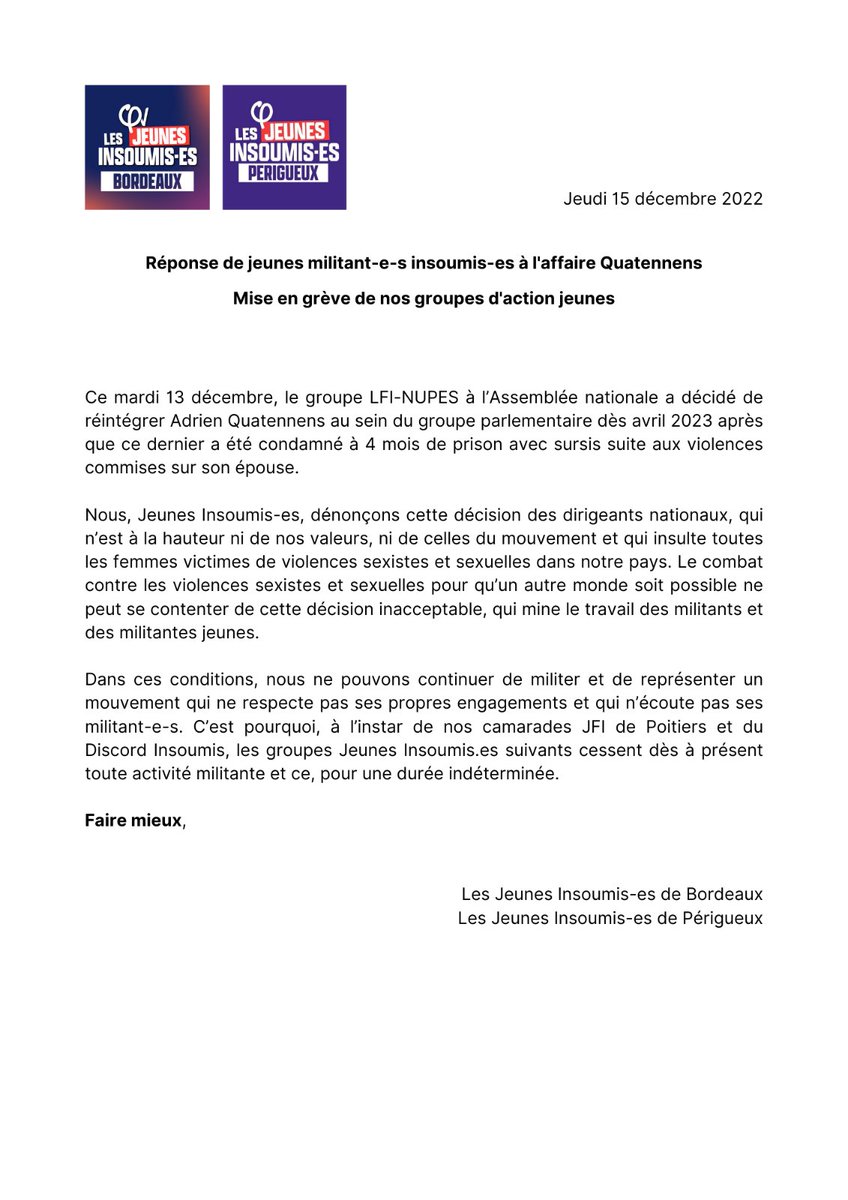 🔴 Communiqué des Jeunes Insoumis-es de Bordeaux et de Périgueux

➡️ Mise en grève de nos groupes d'action jeunes en réponse à la décision de notre groupe parlementaire sur l'affaire Quatennes

#lfi #quatennens #politique #vss #jeunesinsoumises #jeunesinsoumis