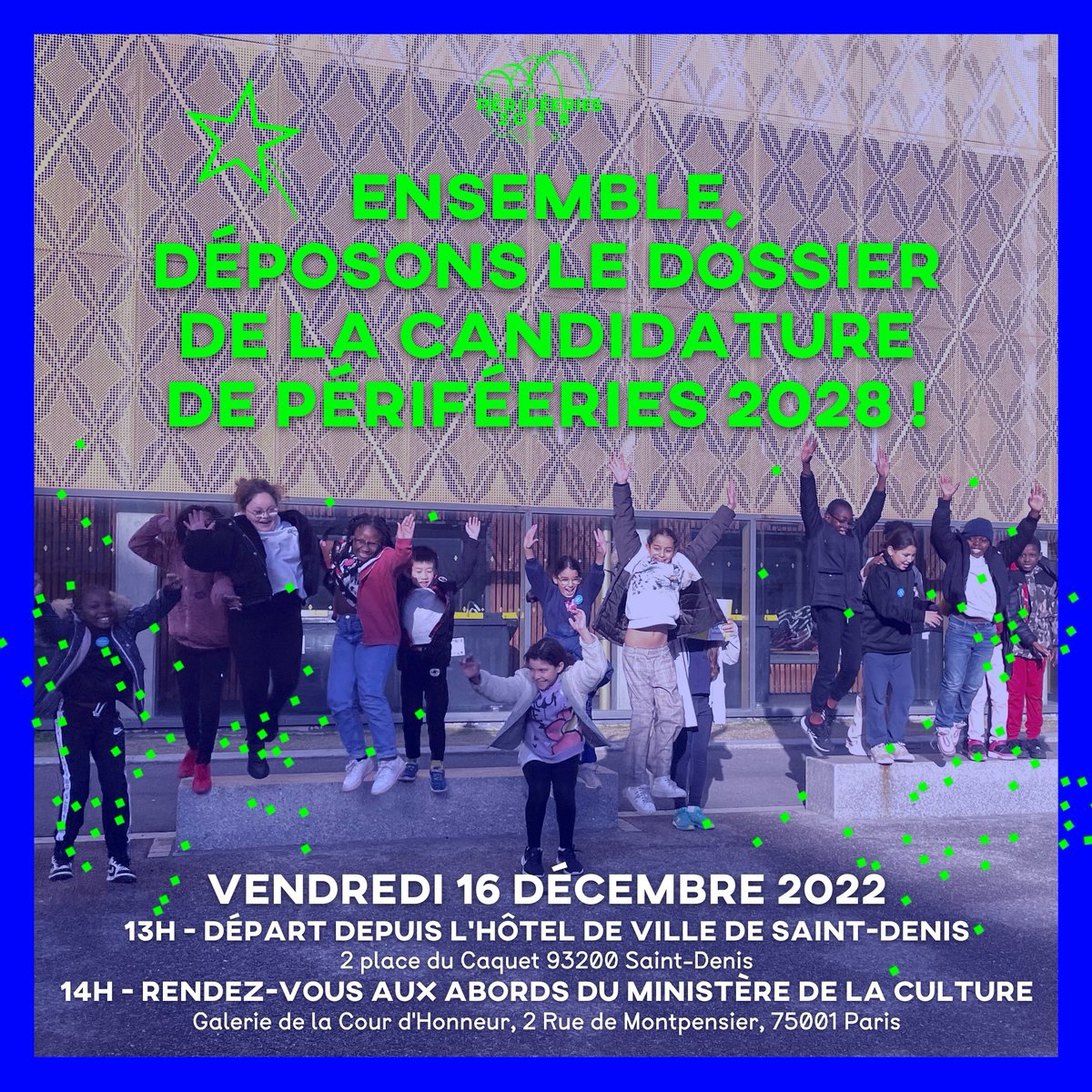 DEMAIN ! Rejoignez-nous pour déposer ensemble le dossier de notre candidature #CapitaleEuropéenneDeLaCulture2028 au ministère de la Culture. 🤸✨
Rdv à l'Hôtel de ville de <a href="/VilleSaintDenis/">Ville de Saint-Denis</a> à 13h pour un départ groupé ou directement à 14h au 2 rue de Montpensier à Paris ! #CEC2028
