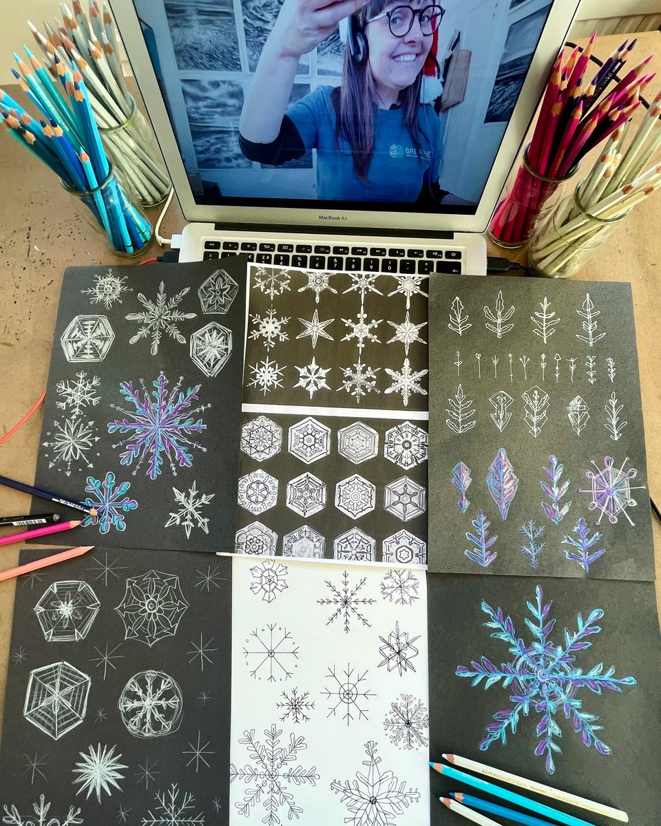 I lead weekly drawing activities ✍️🎨 for #NHS staff at Guys & St Thomas’s Hospital @GSTTnhs #BreatheCreativeBreaks to refocus, rest & recharge with @BreatheAHR. 

❄️winter theme today inspired by #wilsonbentley 19th century photomicrography of snowflakes ❄️

#mentalhealth #flow