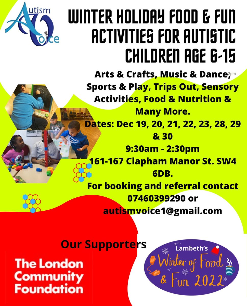 autismvoice1's tweet image. We&apos;re back on Monday for our holiday activities for children. Join us for a thrilling 8 days to spice up the festive season for your children.  #artsandcraft #HealthyFood #Scienceworkshops every Friday  #wreathmaking #Christmascards #tinsels #Funrides @ #ClaphamCommon every Thurs